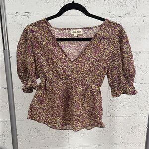 CELINA MOON Purple and Yellow Blouse NWOT Cropped Top Ruffled